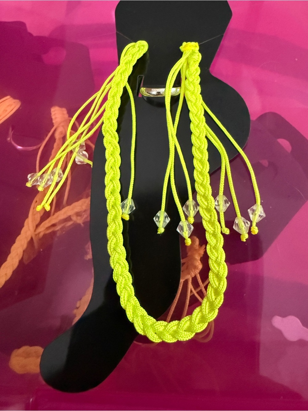 Neon Yellow Braided Cord Anklet with Crystal Tassels and Toe Ring Set
